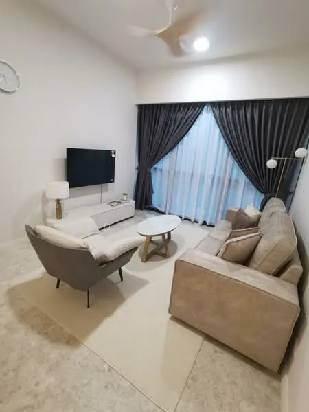 Living features: beige sectional sofa, grey accent chair, round coffee table, wall-mounted TV, floor lamp, curtains with sheer and blackout layers, light-colored walls, ceiling fan with light, tile flooring; style: modern.