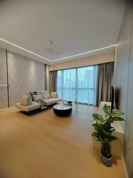 Living features: light wood flooring, white painted walls, recessed downlights, 5-blade ceiling fan, floor-to-ceiling windows, sheer curtains, grey curtains, light-colored sectional sofa, coffee table with round top, decorative indoor plant in pot, TV console, wall-mounted TV; style: modern; view: city.