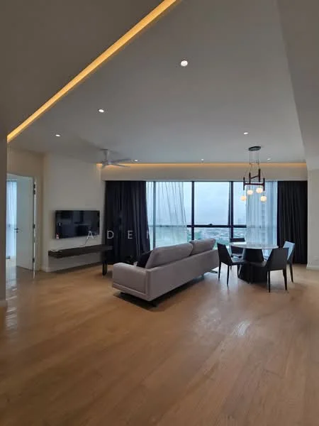 Living features: light wood flooring, white painted walls, tray ceiling with recessed lighting, floor-to-ceiling windows, sheer curtains, 3-seater fabric sofa in light grey, wall-mounted TV, TV console, dining table for 4, pendant lighting, decorative wall art; style: modern; view: city.