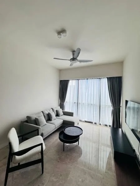 Living features: 3-seater fabric sofa in grey, coffee table, wall-mounted TV, floor-to-ceiling windows, sheer curtains, dark wood flooring, 5-blade ceiling fan with light, decorative wall panel, area rug; style: modern; view: city.