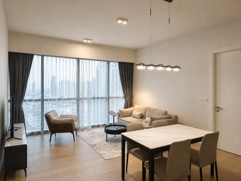 Living features: floor-to-ceiling windows, grey fabric sofa, armchair in brown leather, round black coffee table, 6-seater dining table, upholstered dining chairs, recessed LED downlights, wooden flooring, curtains, TV console, wall-mounted TV, area rug with geometric pattern; style: modern; view: city.