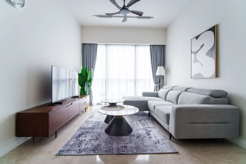 Living features: 3-seater fabric sofa in grey, coffee table with black base, area rug with geometric pattern, wall-mounted TV, TV console in dark wood, floor-to-ceiling windows, sheer curtains, ceiling fan with light, decorative wall art, indoor plant; style: modern.