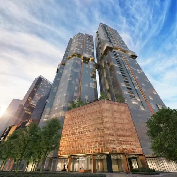 Exterior type: high-rise condominium; features: glass curtain wall, exposed concrete facade, decorative patterned cladding, recessed balconies, multiple storeys, landscaped greenery at base, urban context with skyline view, modern architectural design; style: modern.