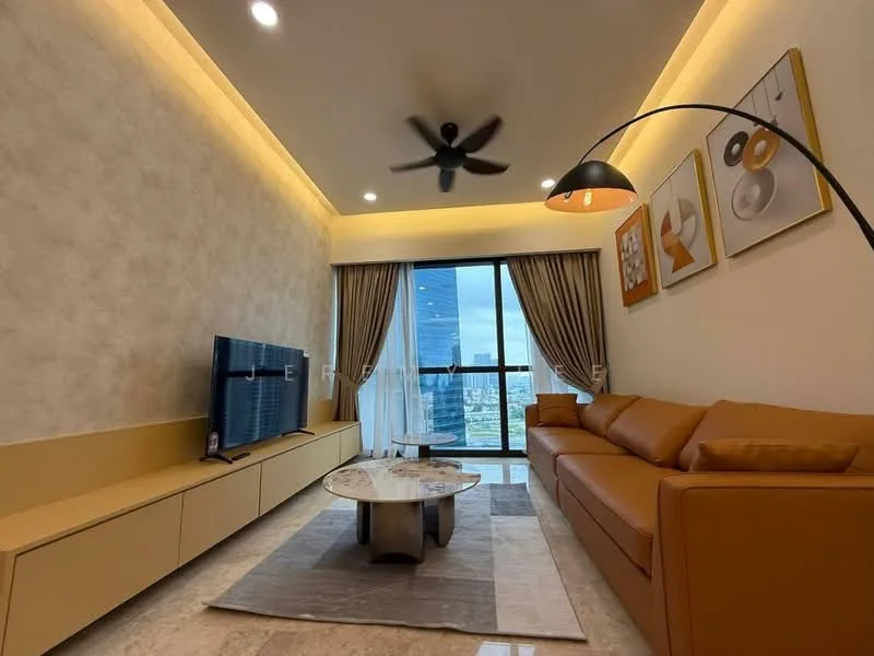 Living features: 3-seater leather sofa in orange, coffee table with round top, TV console with wall-mounted TV, area rug, floor-to-ceiling windows, curtains, ceiling fan with light, recessed LED downlights, decorative wall art, marble flooring, wall-mounted lamp; style: modern; view: city.