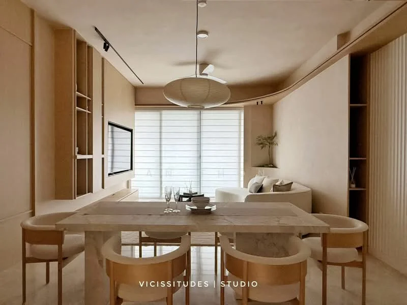 Living features: light beige painted walls, marble dining table, 4 wooden dining chairs, built-in cabinetry, wall-mounted TV, floor-to-ceiling windows with sheer blinds, sofa in light fabric, decorative plant on shelf, recessed ceiling lights, pendant light fixture; style: modern; view: city.
