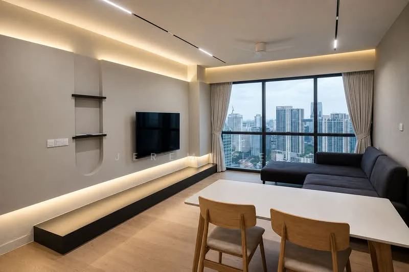 Living features: floor-to-ceiling windows, grey fabric sectional sofa, white coffee table, wall-mounted TV, floating shelf, recessed LED lighting, wooden flooring, sheer curtains, ceiling fan; style: modern; view: city.