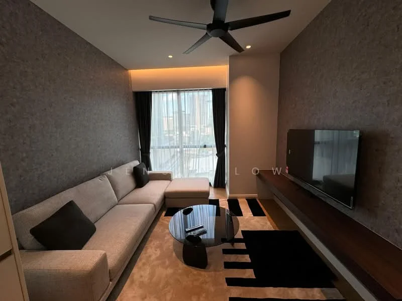 Living features: 3-seater fabric sofa in light grey, ottoman, round glass coffee table, wall-mounted TV, wooden TV console, black and white area rug, ceiling fan with light, floor-to-ceiling windows with sheer curtains, accent wall with textured wallpaper, recessed lighting; style: modern; view: city.