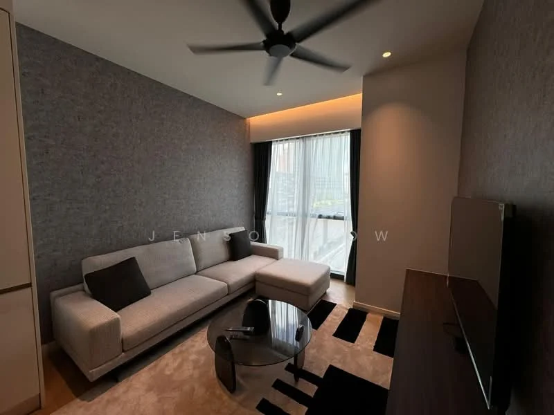 Living features: 3-seater fabric sofa in light grey, coffee table with glass top, wall-mounted TV, black TV console, floor-to-ceiling windows, sheer curtains, blackout curtains, ceiling fan with light, recessed LED downlights, grey accent wall, light-coloured carpet, decorative wall lighting; style: modern; view: city.