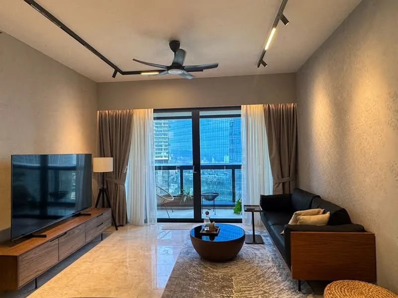 Living features: 3-seater fabric sofa in black, wooden coffee table, TV console with storage, wall-mounted TV, floor-to-ceiling windows, sheer curtains, blackout curtains, 5-blade ceiling fan with light, marble tile flooring, decorative wall with texture, area rug, table lamp; style: modern; view: city.