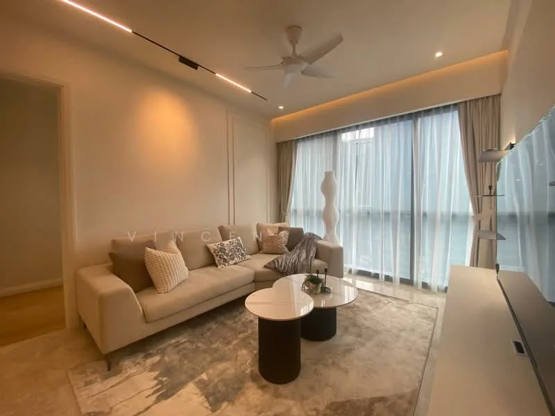 Living features: 3-seater fabric sofa in beige, decorative cushions, round coffee table with white top and black legs, area rug with neutral tones, floor-to-ceiling windows, sheer curtains, ceiling fan, recessed LED downlights, wall-mounted TV console, decorative sculpture, wall with white painted finish; style: modern; view: city.