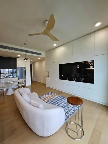 Living features: 3-seater fabric sofa in white, coffee table with metallic base, area rug with geometric pattern, wall-mounted TV, built-in cabinetry with TV unit, ceiling fan with light, large windows with city view, wooden flooring, recessed lighting; style: modern; view: city.