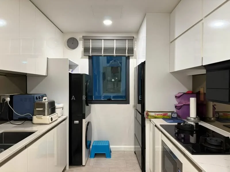 Kitchen features: white high-gloss cabinetry, black refrigerator, black built-in oven, stainless-steel microwave, white countertop, ceramic tile flooring, window with blinds, kitchen sink, stainless-steel faucet, stove with black cooktop, toaster, small blue stool; style: modern.