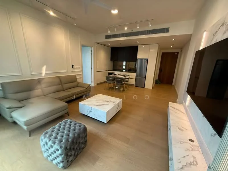 Living features: 3-seater fabric sofa in light grey, marble coffee table, tufted ottoman in grey, wall-mounted TV, entertainment unit with marble finish, recessed downlights, wooden flooring, crown moulding on walls, floor-to-ceiling windows, open layout to kitchen; style: modern. Kitchen features: black cabinetry, stainless-steel appliances, built-in oven, 4-burner gas hob, kitchen island with seating, white quartz countertop, mosaic tile backsplash, recessed lighting; style: modern.
