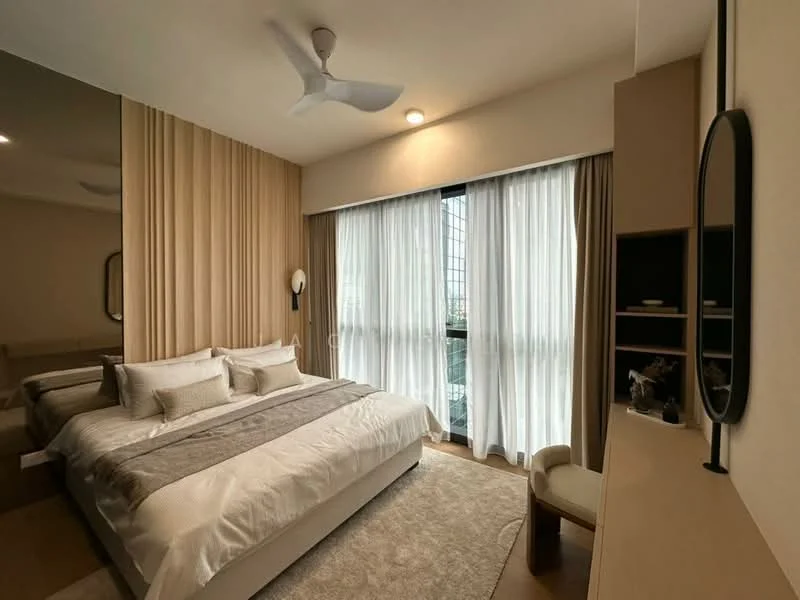 Bedroom features: king-size bed with upholstered headboard, white bedding with decorative pillows, bedside lamps, floor-to-ceiling windows, sheer curtains, wooden flooring, ceiling fan, decorative mirror, built-in wardrobe, area rug with neutral color, wall-mounted TV unit, study chair; style: modern; view: city.
