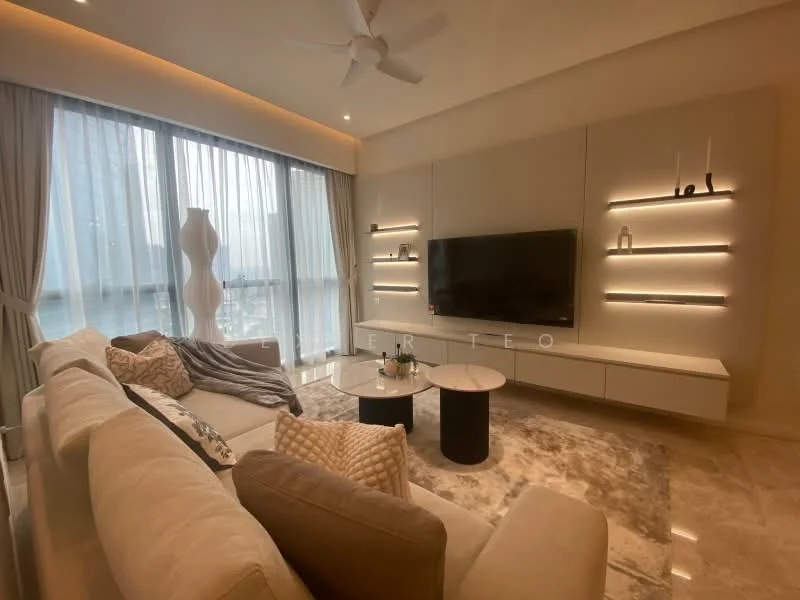 Living features: 3-seater fabric sofa in beige, decorative cushions, coffee table with black top, wall-mounted TV, media console with LED lighting, floor-to-ceiling windows, sheer curtains, recessed ceiling lights, ceiling fan, area rug with neutral tones, decorative floor lamp; style: modern; view: city.