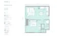 Floor plan: 2-bedroom 1-bathroom unit; features: open-plan kitchen-dining-living, master bedroom with ensuite bathroom, bedroom 2 with shared bathroom, utility room, balcony off living room, central foyer, 1 car porch.