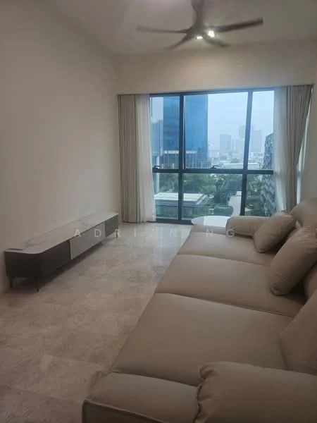 Living features: beige leather sectional sofa, marble flooring, floor-to-ceiling windows, sheer curtains, TV console, city skyline view, recessed downlights, 5-blade ceiling fan; style: modern; view: city.
