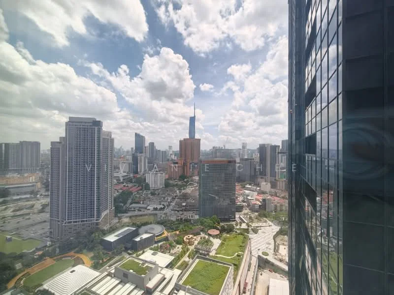 Exterior type: high-rise condominium; features: city skyline view, green rooftop garden, surrounded by urban landscape, glass curtain wall facade, modern architectural design; style: contemporary.