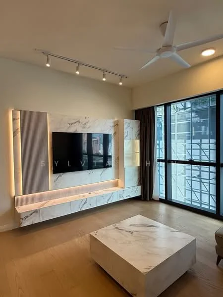 Living features: 5-blade ceiling fan, recessed LED downlights, wall-mounted TV, marble feature wall, lighted paneling, wooden flooring, large sliding glass door, curtains, coffee table with marble top; style: modern.