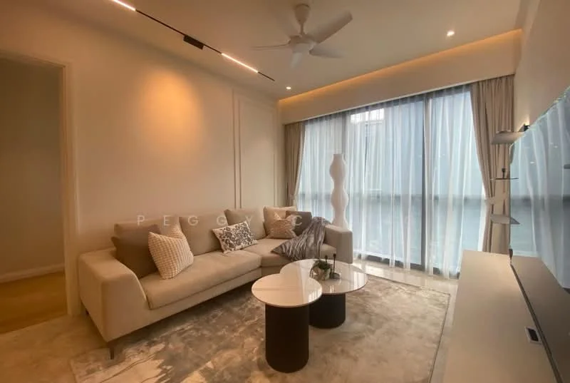Living features: 3-seater fabric sofa in beige, decorative cushions, round coffee table with two bases, area rug with neutral tones, floor-to-ceiling windows, sheer curtains, ceiling fan, wall-mounted TV, light-colored walls, recessed lighting; style: modern.