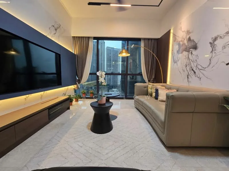 Living features: light grey leather sofa, black side table, large flat-screen TV, marble accent wall, recessed lighting, floor-to-ceiling windows, curtains, decorative plant, gold floor lamp, marble flooring, wall-mounted shelving, blue accent wall; style: modern; view: city.