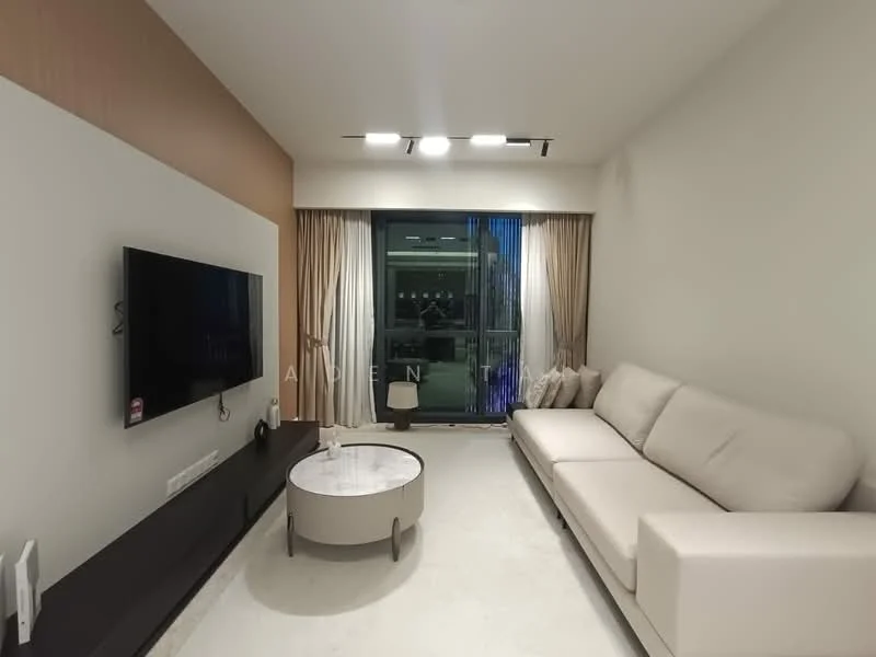 Living features: light grey fabric sectional sofa, round coffee table with metallic base, wall-mounted flat-screen TV, dark wood TV console, recessed LED downlights, floor-to-ceiling windows with sheer curtains, cream painted walls, light-colored flooring, decorative cushions; style: modern; view: city.