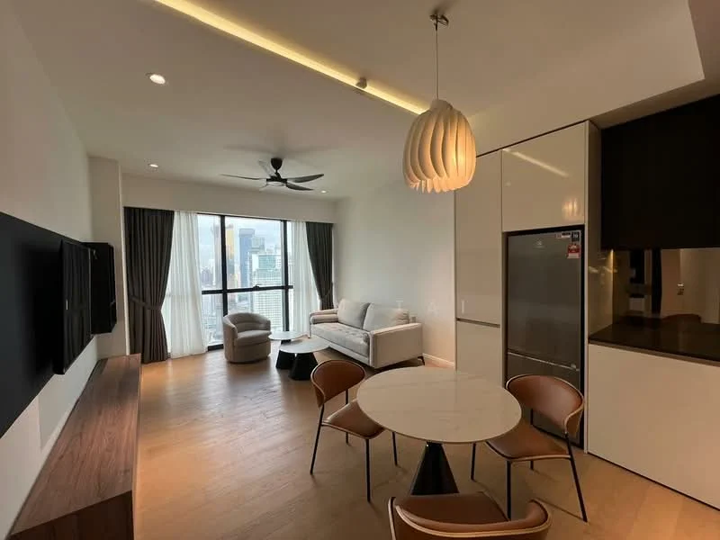Living features: 3-seater fabric sofa in light grey, floor-to-ceiling windows with city view, wooden flooring, ceiling fan with light, wall-mounted TV, light wood TV console, round dining table with white top, 4 dining chairs, refrigerator, pendant light fixture; style: modern; view: city.
