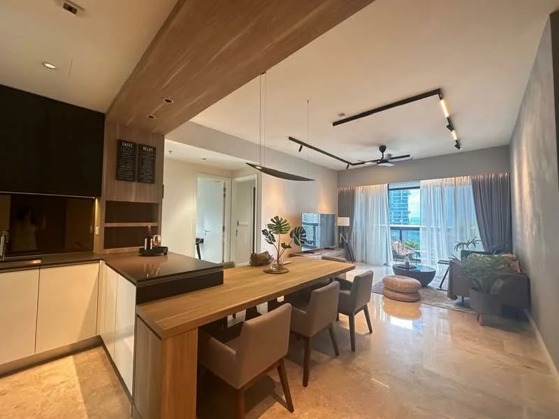 Dining features: marble flooring, wooden dining table, upholstered dining chairs, pendant light fixture, 5-blade ceiling fan with light, floor-to-ceiling windows, sheer curtains, decorative plants, TV console, wall-mounted TV, open shelving, decorative vase; style: modern; view: city. Living features: sofa, coffee table, area rug, wall-mounted TV, decorative plants; style: modern; view: city.