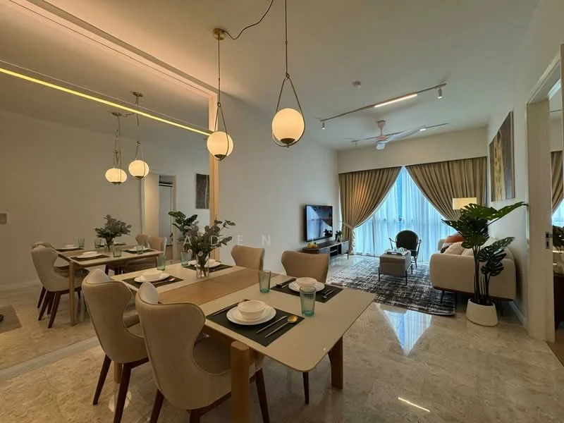 Dining features: 6-seater dining table, upholstered dining chairs, white table with black placemats, decorative mirror on wall, pendant lighting, floor-to-ceiling windows, curtains, marble flooring, indoor plants, wall-mounted TV, sofa in living area, area rug; style: modern; view: city. Living features: sofa, coffee table, TV console, wall-mounted TV, area rug, floor-to-ceiling windows, curtains, indoor plants; style: modern; view: city.