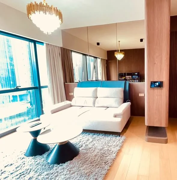 Living features: 3-seater fabric sofa in white and blue, 2 black coffee tables, area rug with fluffy texture, chandelier with multiple bulbs, wood paneling on one wall, floor-to-ceiling windows, curtains in light fabric, wooden flooring, wall-mounted control panel; style: modern; view: city.