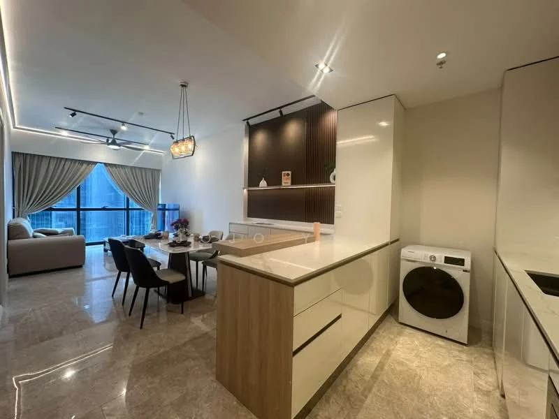 Kitchen features: white cabinetry, marble countertop, built-in sink, stainless-steel faucet, built-in oven, stainless-steel range hood, ceramic tile backsplash, washing machine, recessed downlights, open shelving, bar seating, grey accent wall, floor-to-ceiling windows, dining table with chairs, sofa in living area; style: modern; view: city.