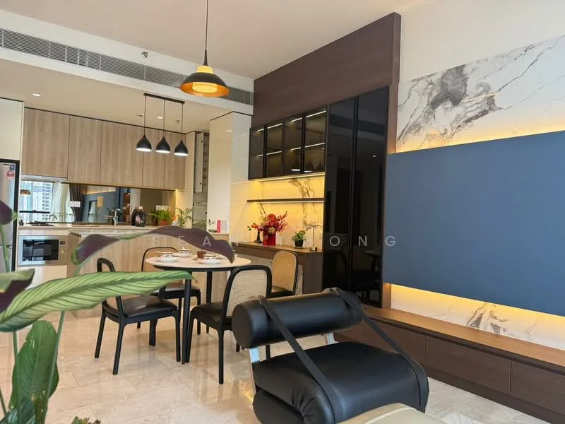 Living features: marble tile flooring, wood cabinetry in light brown, black glossy cabinetry, pendant lighting with three bulbs, wall-mounted TV unit with backlighting, dining table with four chairs, decorative plants, feature wall with blue paint, open kitchen layout, stainless-steel fridge, built-in oven, microwave, kitchen island with seating; style: modern; view: city.