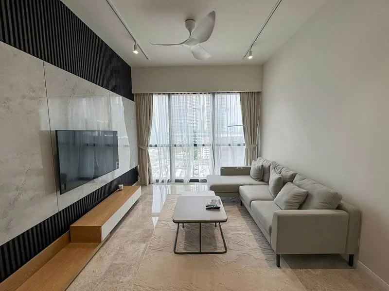 Living features: 3-seater fabric sofa in light grey, coffee table with metal legs, wall-mounted flat-screen TV, marble feature wall, dark wood accent wall, floor-to-ceiling windows, sheer curtains, ceiling fan with light, marble flooring, area rug with neutral tones; style: modern; view: city.