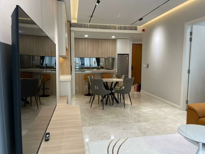 Living features: marble tile flooring, white painted walls, recessed downlights, wall-mounted TV, glass coffee table, brown leather armchair, round dining table with 4 chairs, kitchen area visible in background, open-plan layout; style: modern.