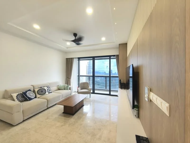 Living features: 3-seater fabric sofa in beige, 2 accent pillows with geometric pattern, wood coffee table, wall-mounted TV, TV console, marble flooring, ceiling with recessed downlights, 5-blade ceiling fan, floor-to-ceiling windows, curtains, decorative wall paneling; style: modern; view: city.