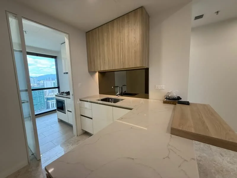 Kitchen features: white cabinetry, wooden upper cabinets, marble countertop, stainless-steel sink, chrome pull-down faucet, built-in oven, gas hob, refrigerator, pendant lighting, open layout, tile flooring, city view from window; style: modern; view: city. Room features: floor-to-ceiling windows, balcony access.