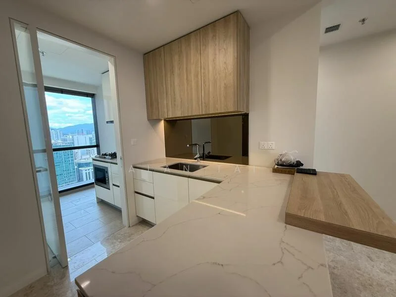 Kitchen features: white cabinetry with flat-panel design, wooden upper cabinets, marble countertop with veining, stainless-steel sink, chrome pull-down faucet, built-in oven, gas hob, refrigerator, tile flooring, open layout to living area, floor-to-ceiling windows, city view from window; style: modern; view: city.