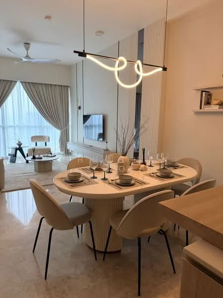 Dining features: round dining table, 8 dining chairs, table setting with plates and cutlery, pendant light fixture, light-colored walls, marble flooring, floor-to-ceiling windows, sheer curtains, decorative wall shelf, TV console with wall-mounted TV, sofa in living area visible in background, ceiling fan; style: modern; view: city.