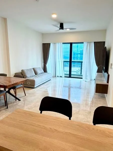 Living features: grey fabric sofa, coffee table, wall-mounted TV, TV console, floor-to-ceiling windows, sheer curtains, dark brown curtains, marble flooring, 5-blade ceiling fan with light, area rug; style: modern; view: city.