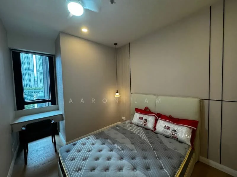 Bedroom features: queen-size bed with upholstered headboard, grey bedding with decorative pillows, study desk with chair, floor-to-ceiling window, light wood flooring, recessed downlights, pendant light, neutral painted walls, built-in wardrobe, air conditioning unit; style: modern; view: city.