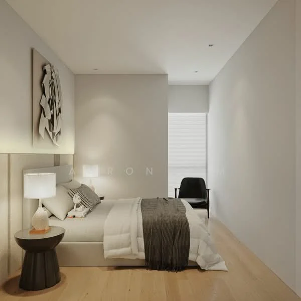 Bedroom features: queen-size bed with light bedding, upholstered headboard, nightstand with lamp, decorative wall art, wooden flooring, floor-to-ceiling window with blinds, black accent chair, recessed ceiling lights; style: modern.