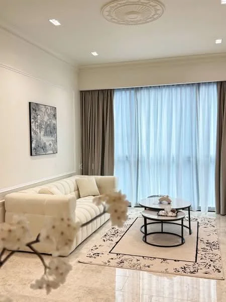 Living features: white painted walls, marble tile flooring, tray ceiling with ceiling rose, floor-to-ceiling windows, sheer curtains, 3-seater fabric sofa in white, coffee table with black metal frame, area rug with floral pattern, framed artwork on wall, decorative vase on coffee table; style: modern.