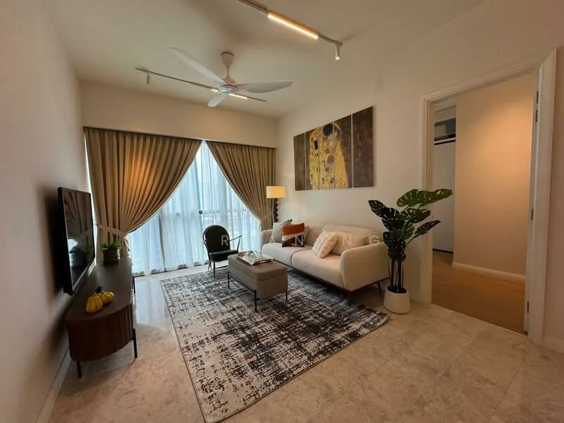 Living features: 3-seater fabric sofa in beige, coffee table, TV console, wall-mounted TV, area rug with geometric pattern, 5-blade ceiling fan with light, floor-to-ceiling windows, sheer curtains, decorative wall art, potted plant, laminate flooring, neutral painted walls; style: modern; view: city.