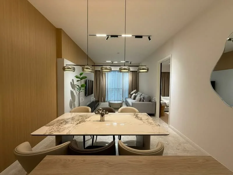 Dining features: marble dining table, 4 upholstered dining chairs, pendant lighting with multiple bulbs, wooden accent wall, neutral wall colour, large mirror on wall, floor-to-ceiling windows, decorative indoor plant; style: modern. Living features: sofa, curtains, light-coloured flooring, decorative cushions; style: modern.