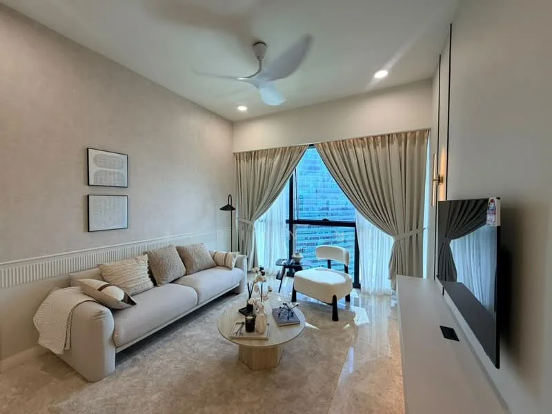 Living features: beige fabric 3-seater sofa, white accent chair, round coffee table with wooden base, floor-to-ceiling windows, sheer curtains, black floor lamp, wall-mounted TV, light-colored wall with paneling, marble flooring, ceiling fan with light, decorative wall art; style: modern; view: city.