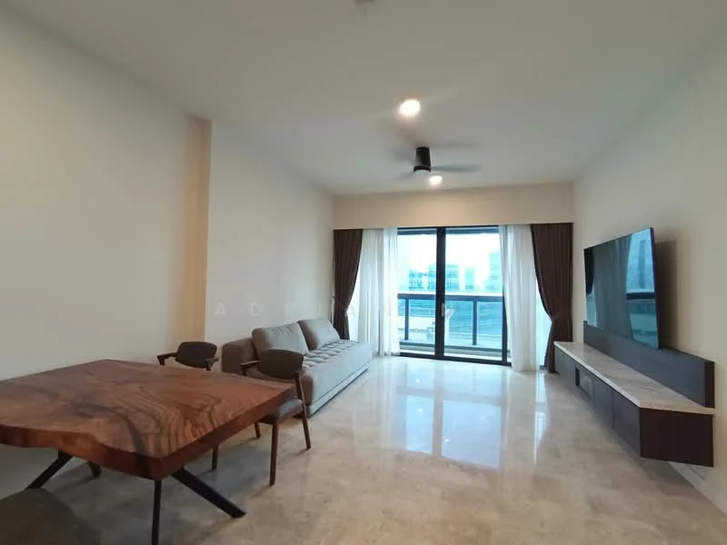 Living features: marble flooring, white painted walls, 5-blade ceiling fan with light, floor-to-ceiling windows, sliding glass door, sheer curtains, TV console, wall-mounted TV, sofa in light grey, wooden dining table, upholstered dining chairs; style: modern; view: city.