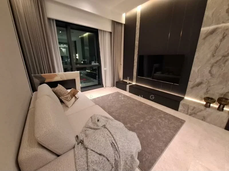 Living features: 3-seater fabric sofa in light beige, area rug in neutral tones, wall-mounted TV, marble feature wall, built-in cabinetry, recessed LED downlights, floor-to-ceiling windows with sheer curtains, decorative throw blanket, light-colored walls, light-colored flooring; style: modern; view: city.