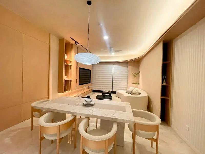Living features: marble dining table, 4 upholstered dining chairs, built-in cabinetry with shelves, wall-mounted TV, sofa with rounded edges, recessed lighting, ceiling fan, roller blinds, light wood paneling, neutral wall color, decorative plant; style: modern.
