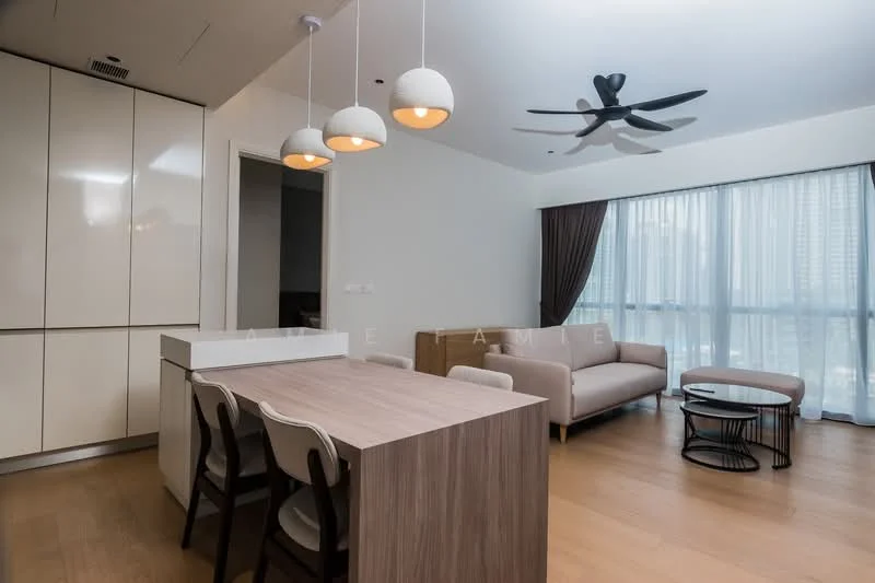 Living features: light wood flooring, floor-to-ceiling windows, 3-blade ceiling fan, sofa in light beige, round coffee table with black metal base, dining table with light wood top, 4 dining chairs, pendant lighting with three globes, curtains in dark brown, built-in cabinetry in cream, open layout, natural light; style: modern; view: city.