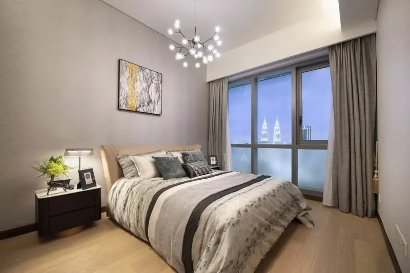 Bedroom features: king-size bed with upholstered headboard, decorative throw pillows, bedside table with lamp, framed artwork on wall, floor-to-ceiling windows, curtains, wooden flooring, chandelier with multiple bulbs; style: modern; view: city.